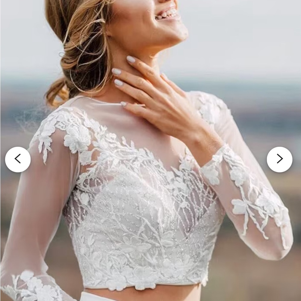 White ivory mesh wedding elopment lace sparkle glitter crop long sleeve